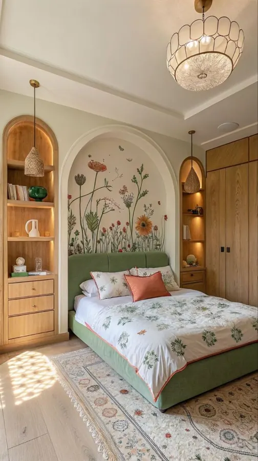 Feature wallpaper in a bedroom
